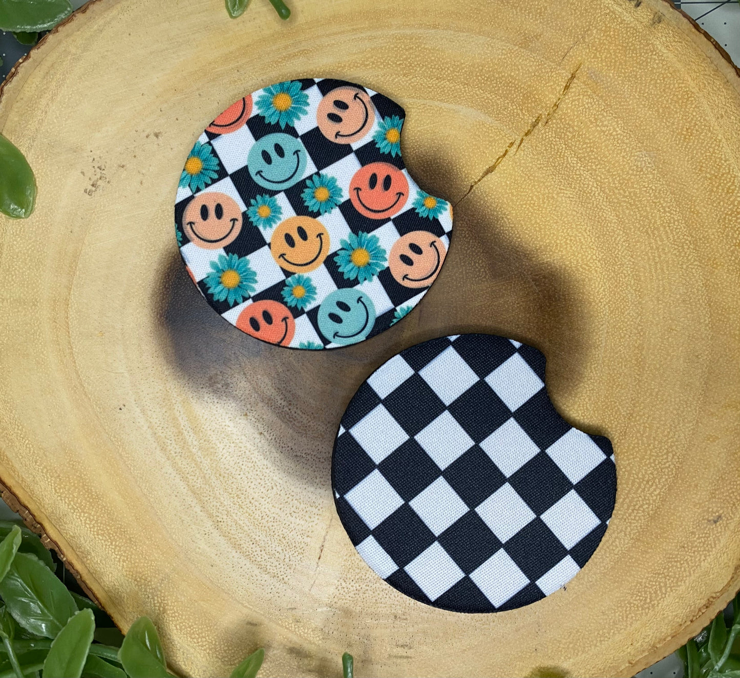 Checkered Smiley Car Coasters