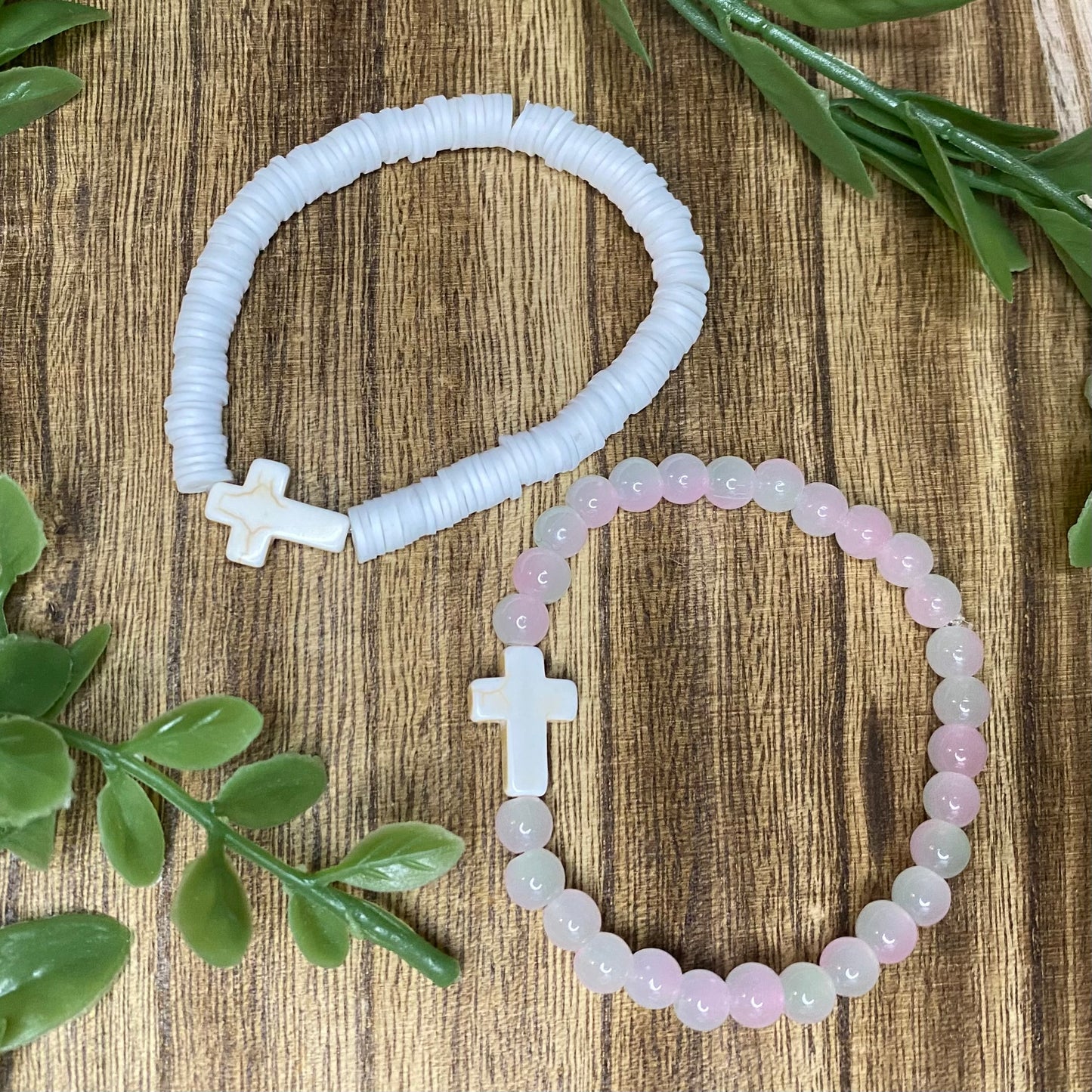 White Beaded Cross Bracelet